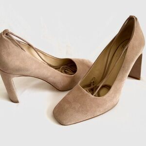 Vince Camuto Taupe Square Heels - Ankle Tie Up
